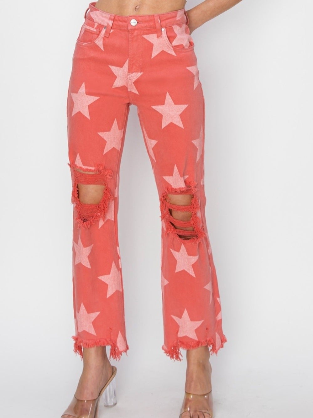 RISEN Star Print High Rise Distressed Flare Jeans NWT 1 Size 25 26 27 Pink Peach